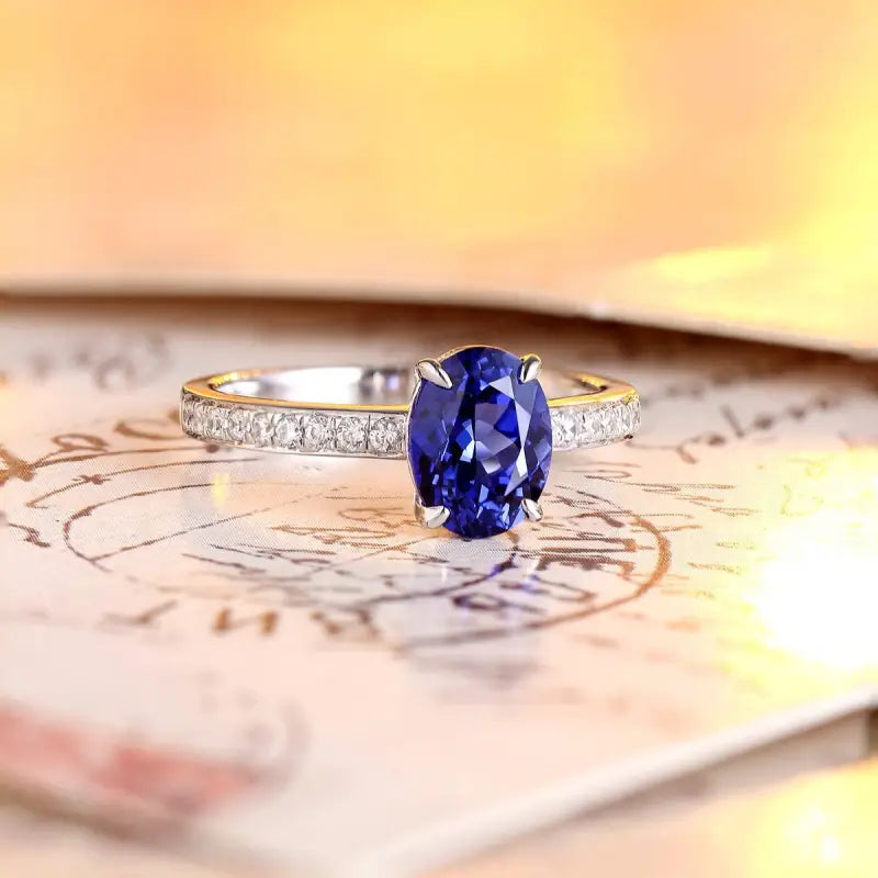 Elegant ring featuring an oval blue sapphire center stone flanked by small diamonds on a gold band.