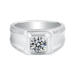 Load image into Gallery viewer, Silver men’s ring with a prominent round diamond centerpiece and smaller diamonds along the band.
