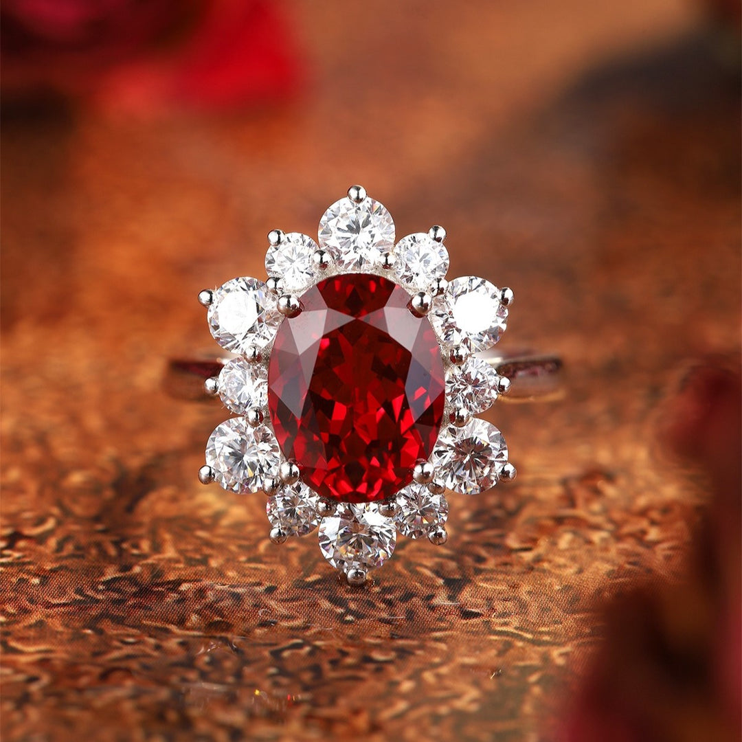 1 Ct Oval Cut Lab Ruby Cluster Engagement Ring