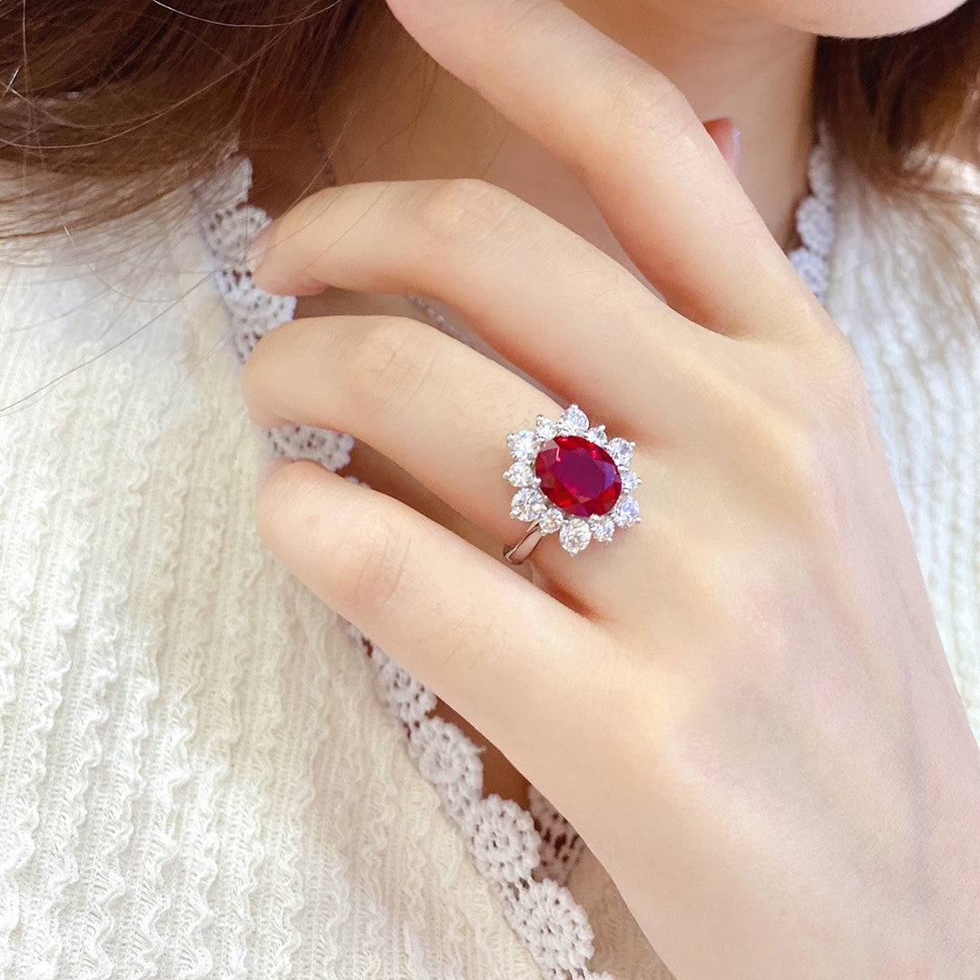 1 Ct Oval Cut Lab Ruby Cluster Engagement Ring