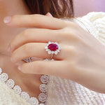 Load image into Gallery viewer, 1 Ct Oval Cut Lab Ruby Cluster Engagement Ring
