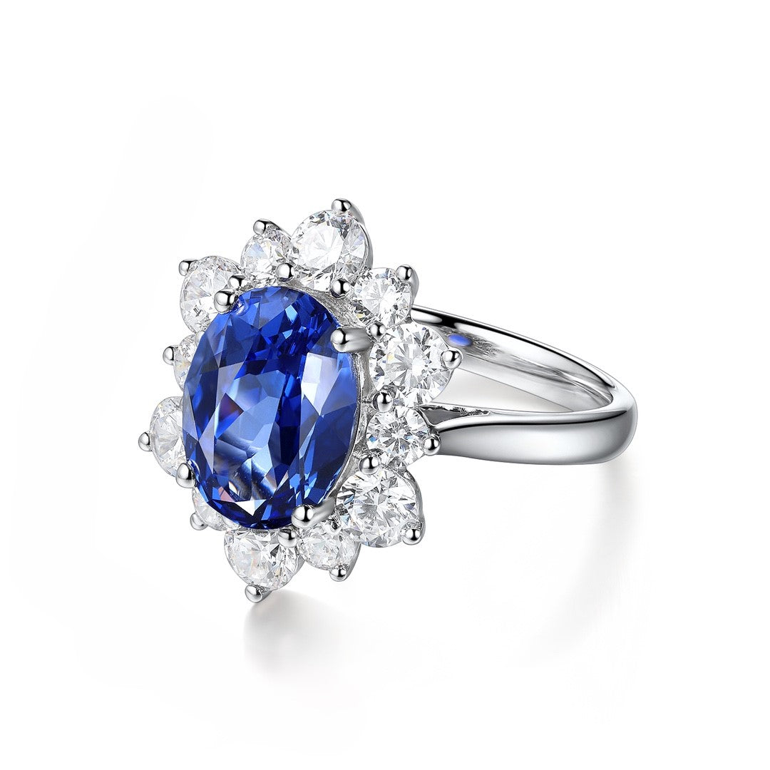 4 Ct Oval Cut Lab Blue Sapphire Cluster Engagement Ring