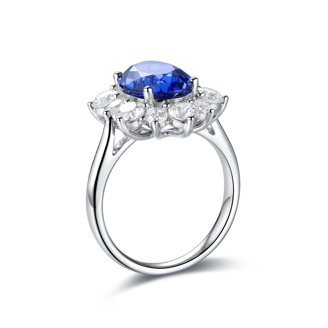 4 Ct Oval Cut Lab Blue Sapphire Cluster Engagement Ring