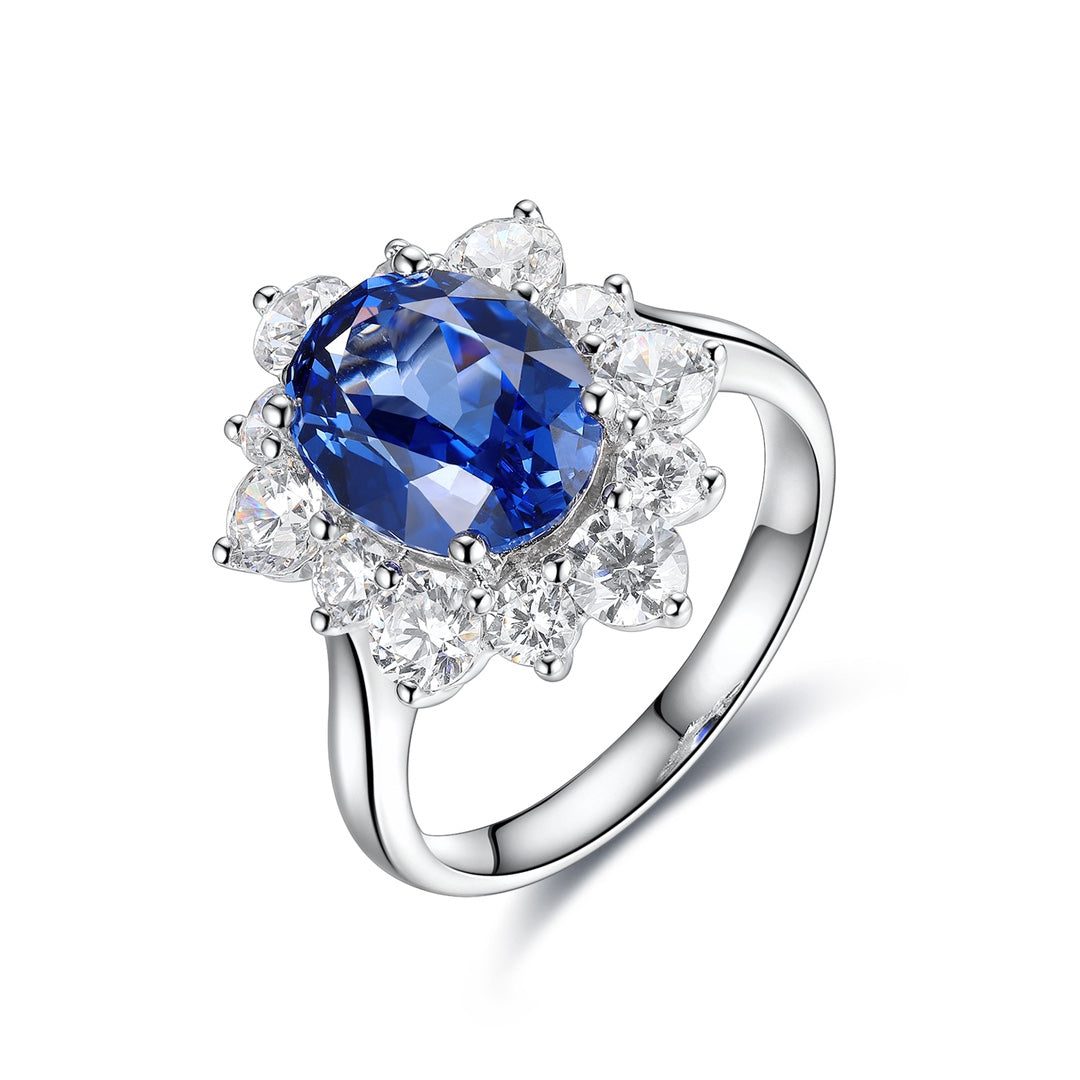 4 Ct Oval Cut Lab Blue Sapphire Cluster Engagement Ring