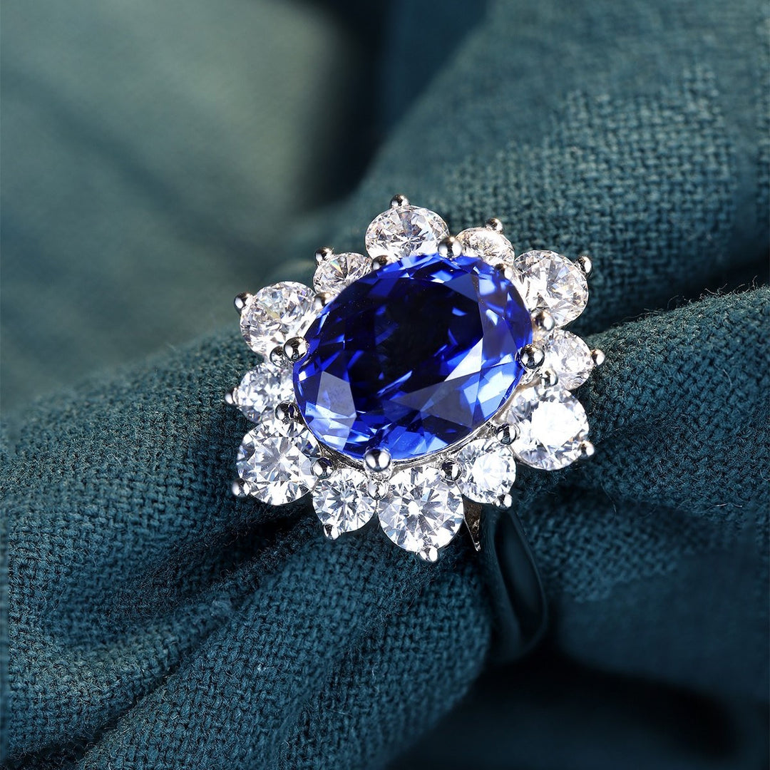 4 Ct Oval Cut Lab Blue Sapphire Cluster Engagement Ring