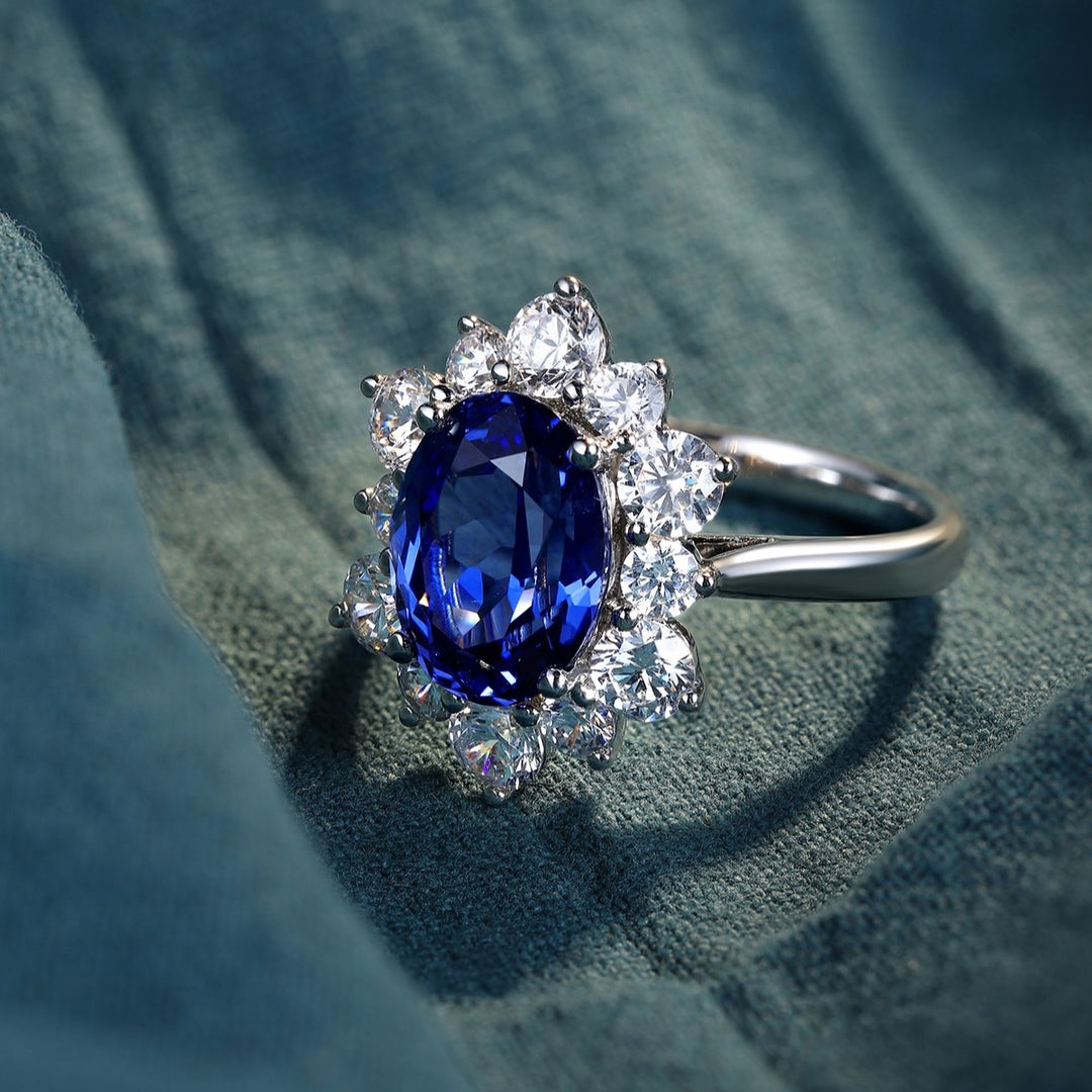 4 Ct Oval Cut Lab Blue Sapphire Cluster Engagement Ring