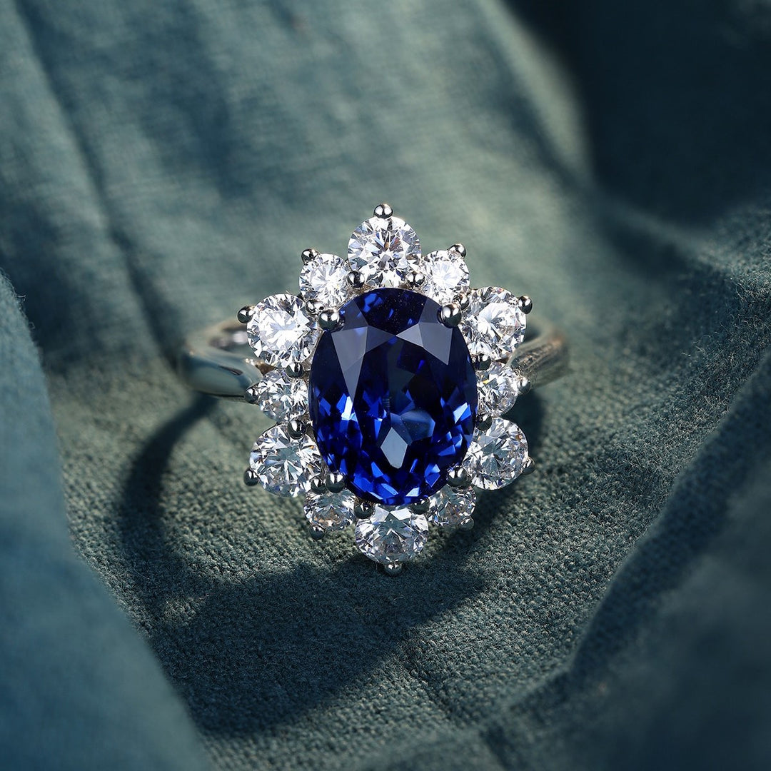 4 Ct Oval Cut Lab Blue Sapphire Cluster Engagement Ring