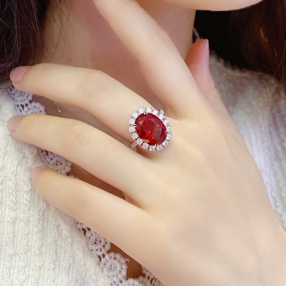 8.5 Ct Oval Cut Lab Ruby Halo Engagement Ring