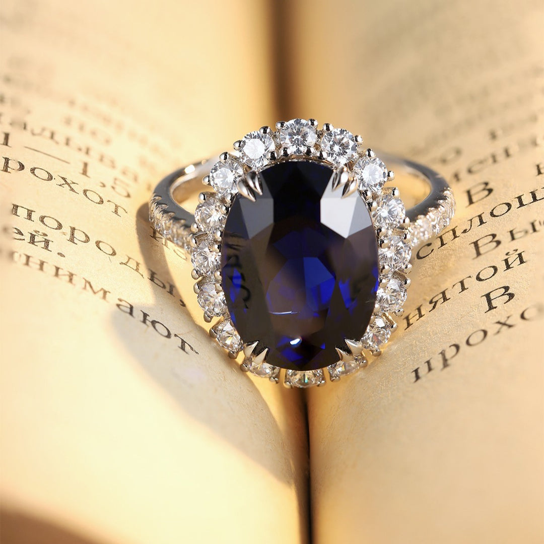 8.5 Ct Oval Cut Lab Blue Sapphire Halo Engagement Ring