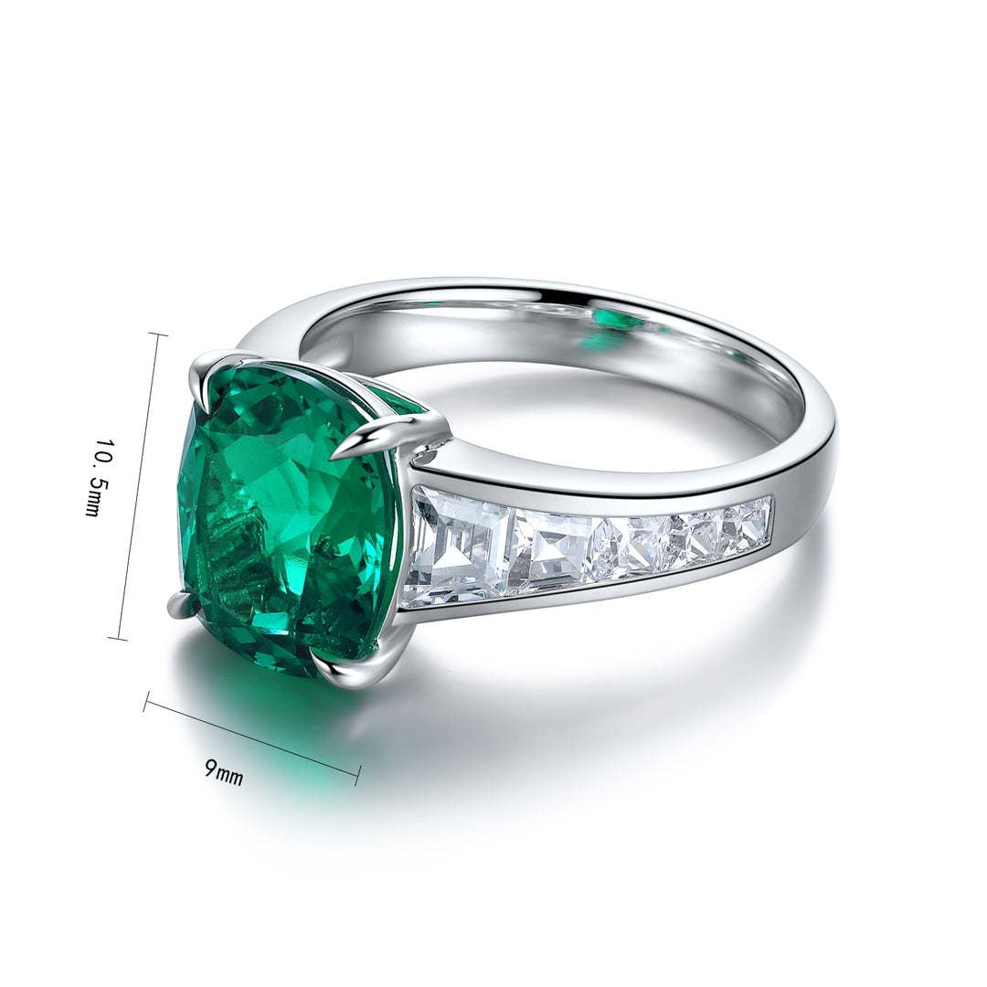 3.5 Ct Cushion Shape Lab Emerald Four Prongs Graduating Pave Engagement Ring