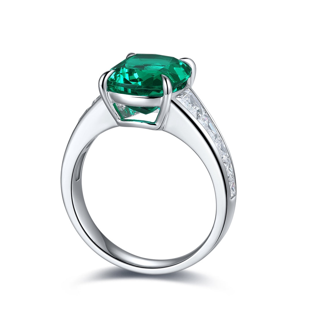 3.5 Ct Cushion Shape Lab Emerald Four Prongs Graduating Pave Engagement Ring