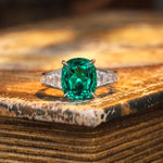 Load image into Gallery viewer, 3.5 Ct Cushion Shape Lab Emerald Four Prongs Graduating Pave Engagement Ring
