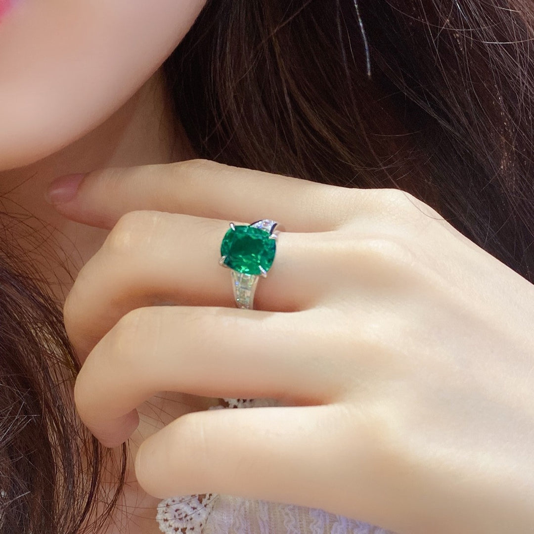 3.5 Ct Cushion Shape Lab Emerald Four Prongs Graduating Pave Engagement Ring