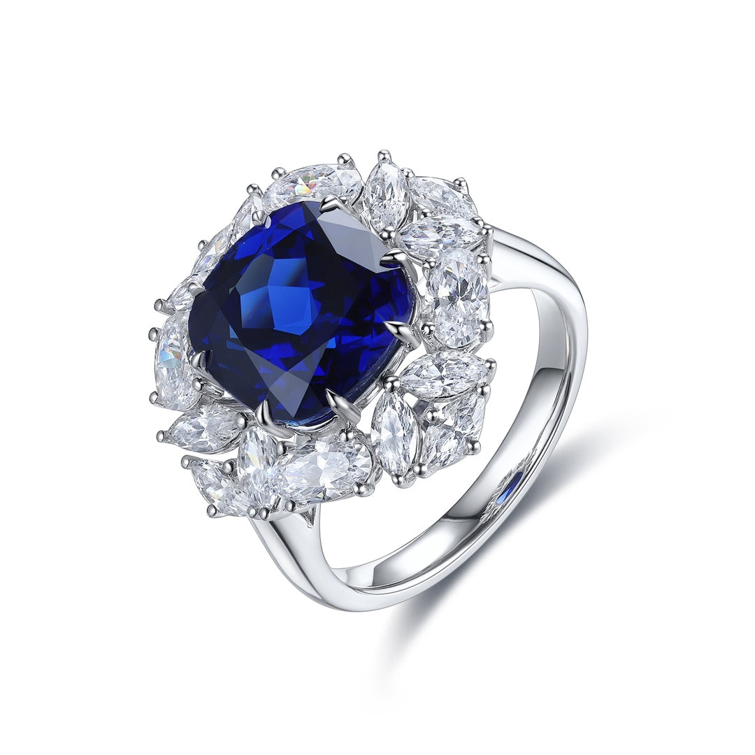 5.5 Ct Cushion Cut Lab Blue Sapphire Cluster Engagement Ring