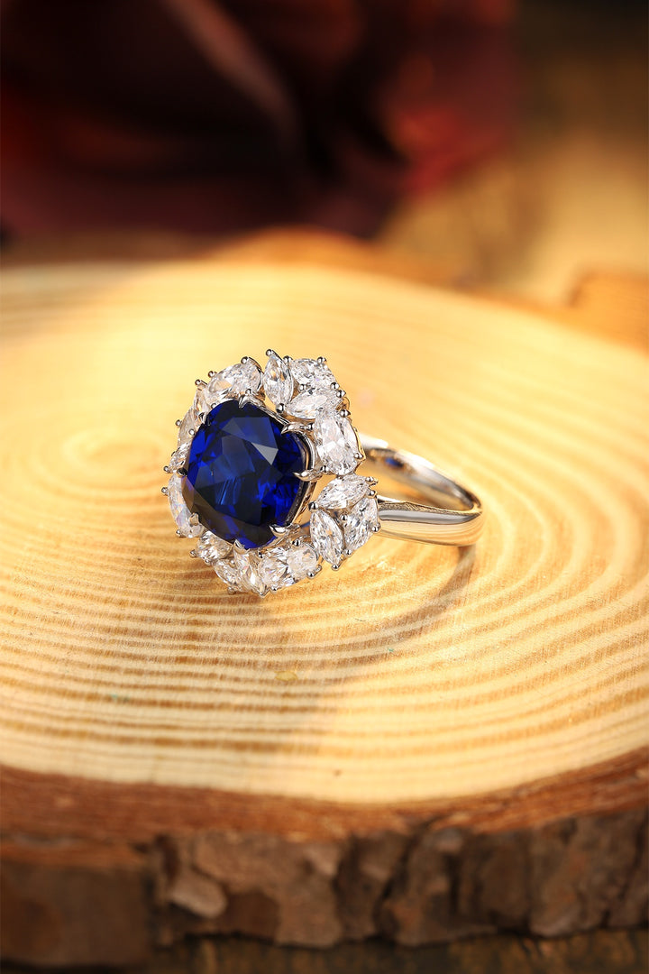 5.5 Ct Cushion Cut Lab Blue Sapphire Cluster Engagement Ring