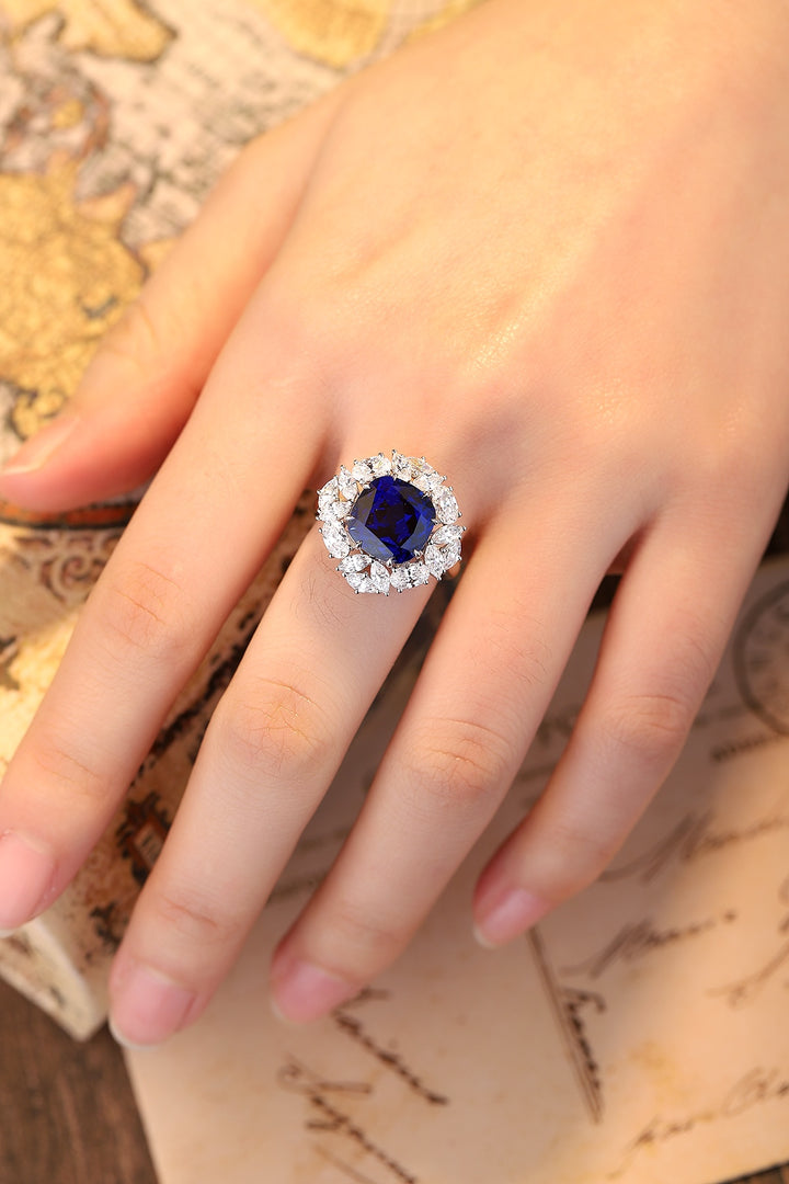 5.5 Ct Cushion Cut Lab Blue Sapphire Cluster Engagement Ring