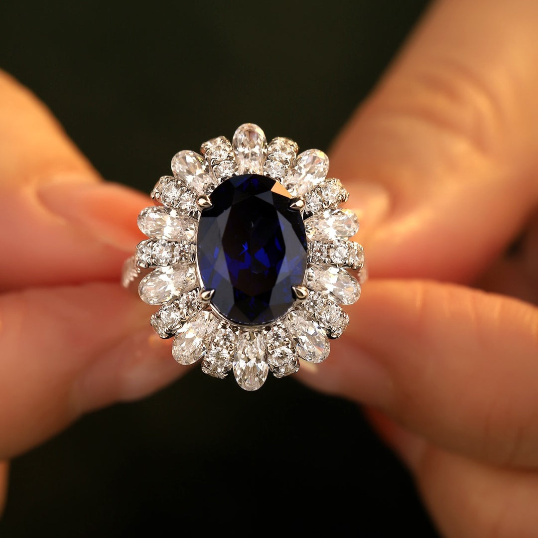 6 Ct Oval Cut Lab Blue Sapphire Cluster Engagement Ring