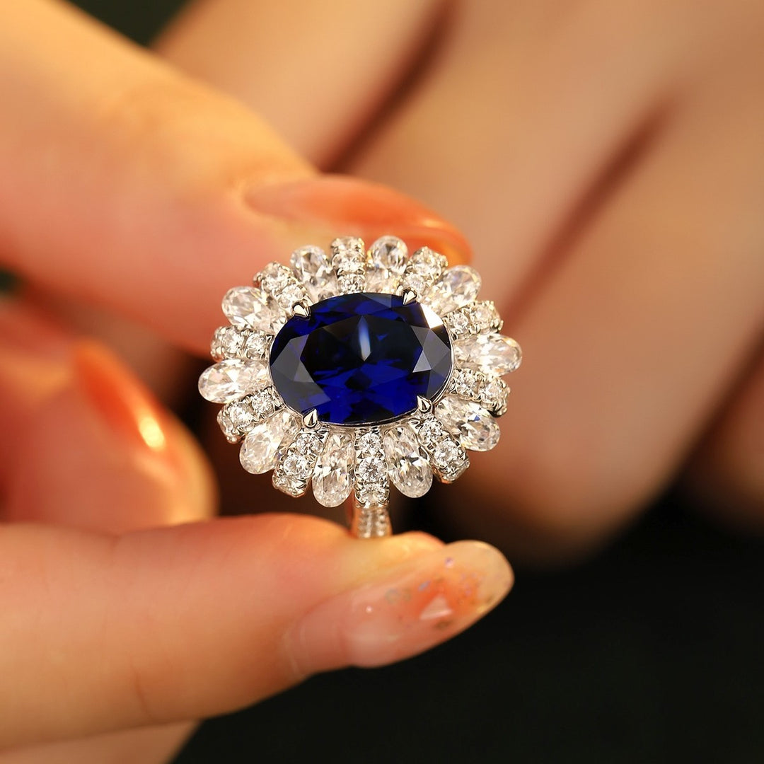 6 Ct Oval Cut Lab Blue Sapphire Cluster Engagement Ring