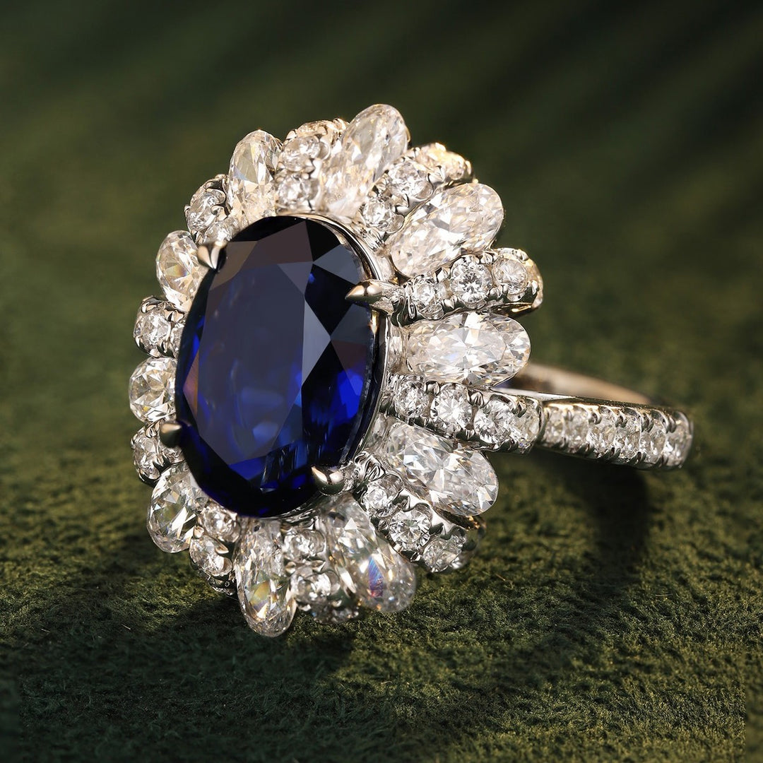 6 Ct Oval Cut Lab Blue Sapphire Cluster Engagement Ring