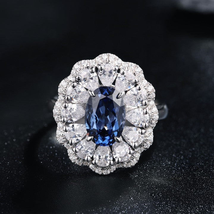 2.6 Ct Oval Cut Lab Blue Sapphire Double Cluster Engagement Ring