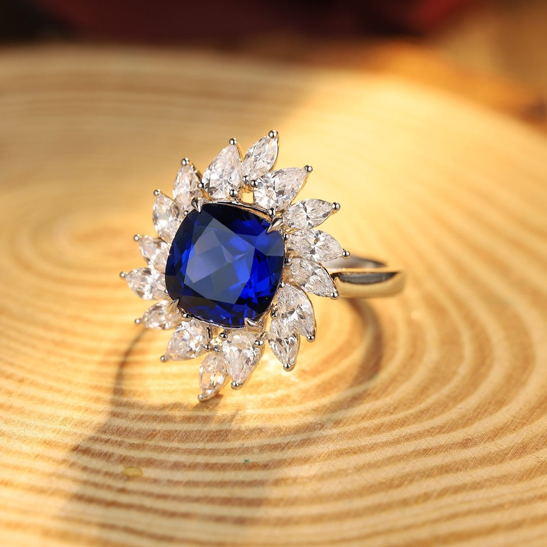 4 Ct Cushion Cut Lab Blue Sapphire Pear Cluster Engagement Ring