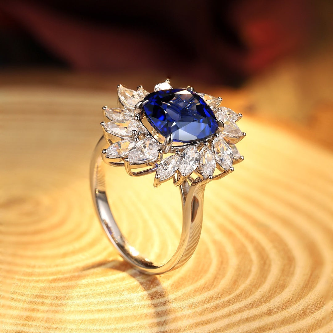 4 Ct Cushion Cut Lab Blue Sapphire Pear Cluster Engagement Ring