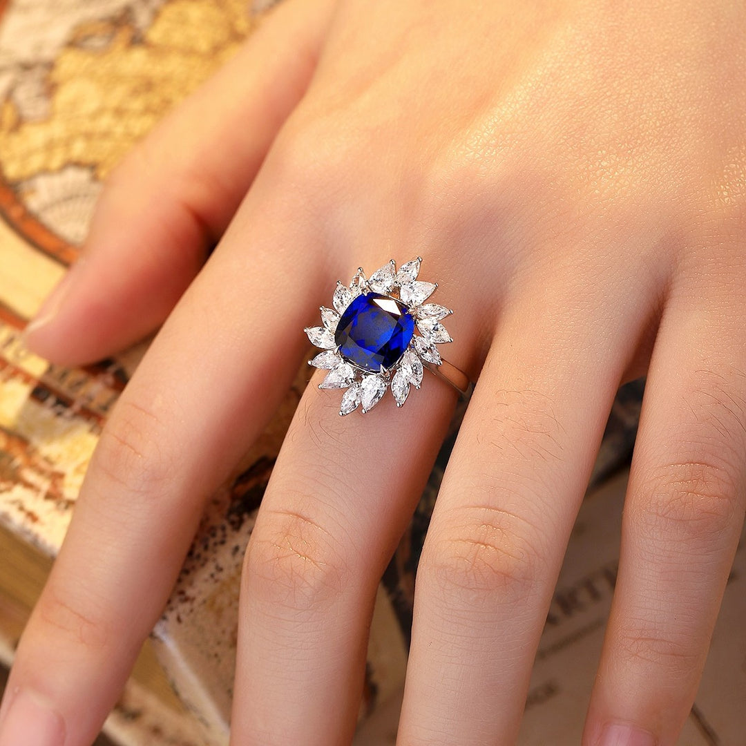 4 Ct Cushion Cut Lab Blue Sapphire Pear Cluster Engagement Ring