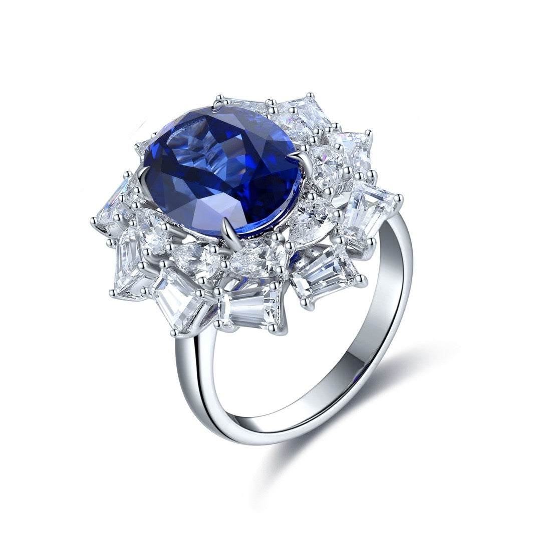 Luxury 5 Ct Oval Lab Blue Sapphire Cluster Engagement Ring