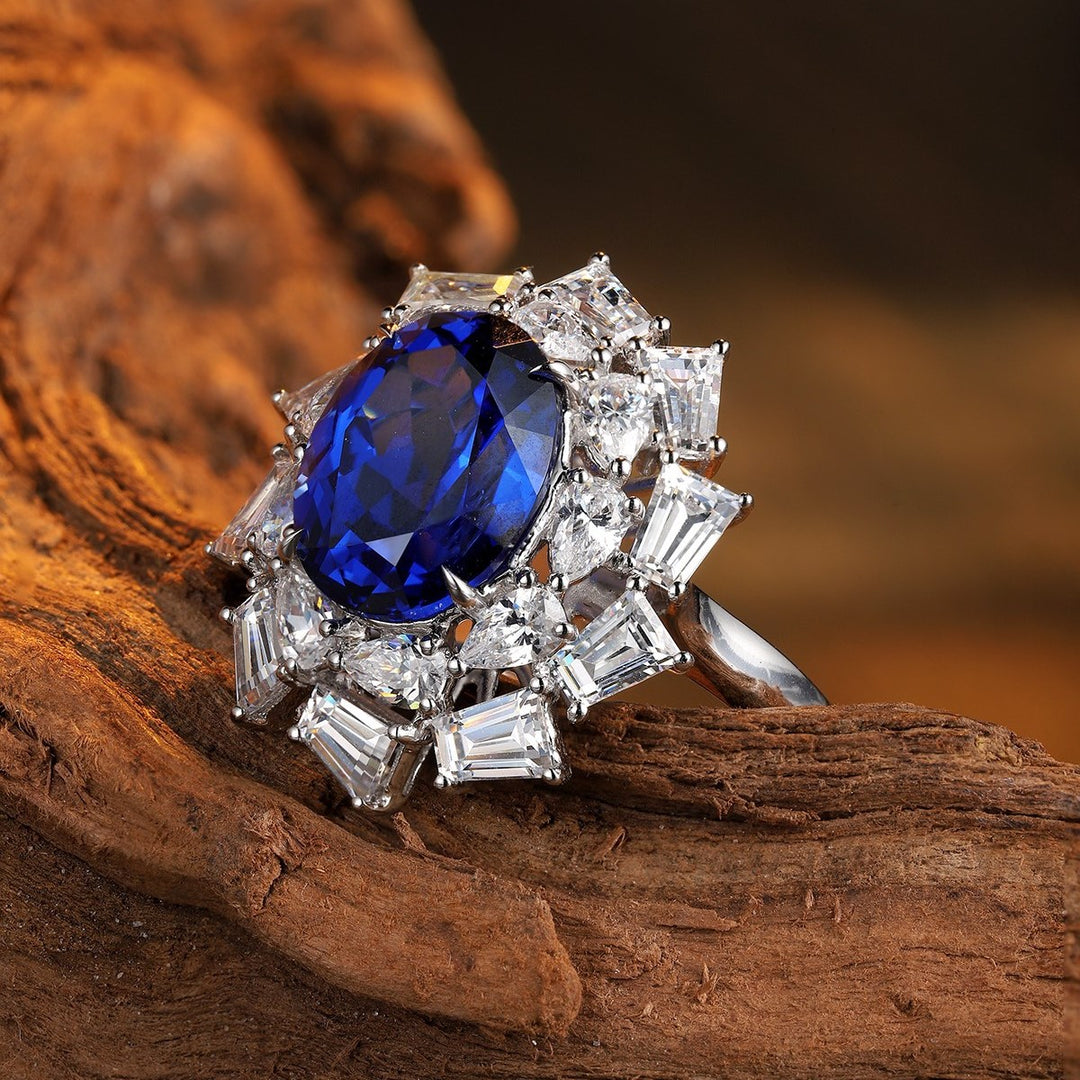 Luxury 5 Ct Oval Lab Blue Sapphire Cluster Engagement Ring