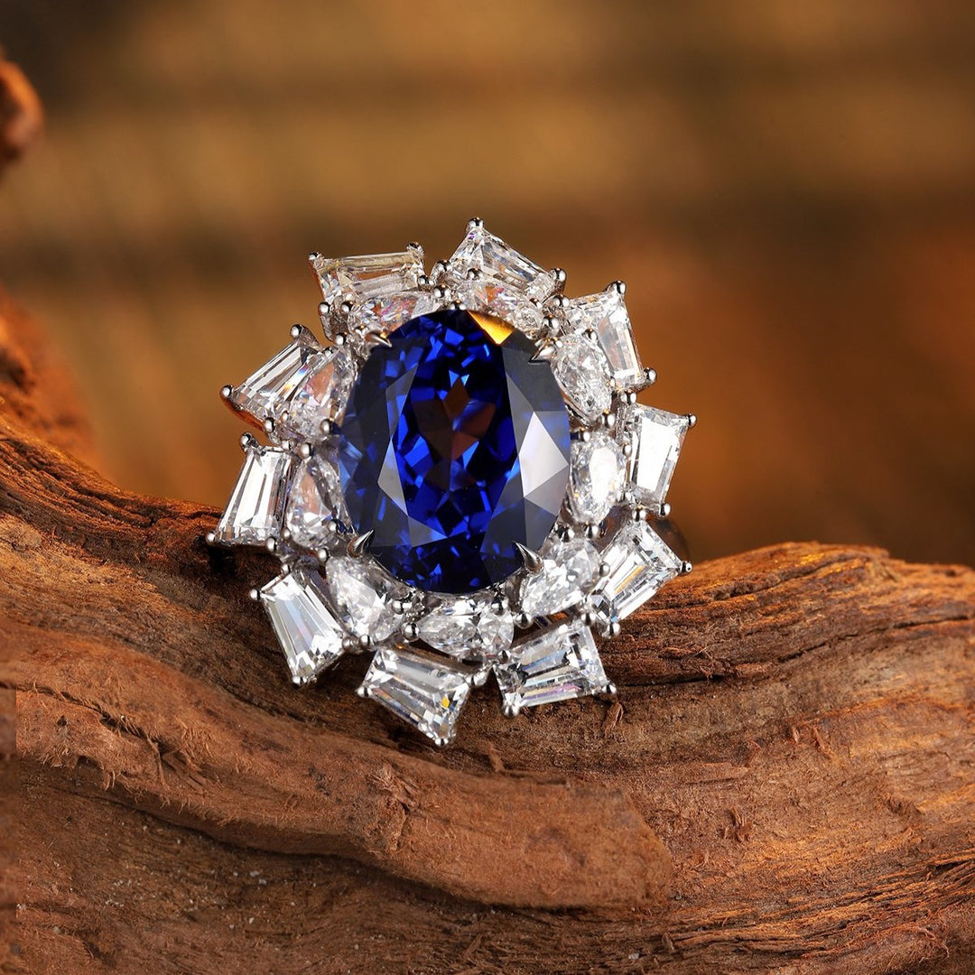 Luxury 5 Ct Oval Lab Blue Sapphire Cluster Engagement Ring