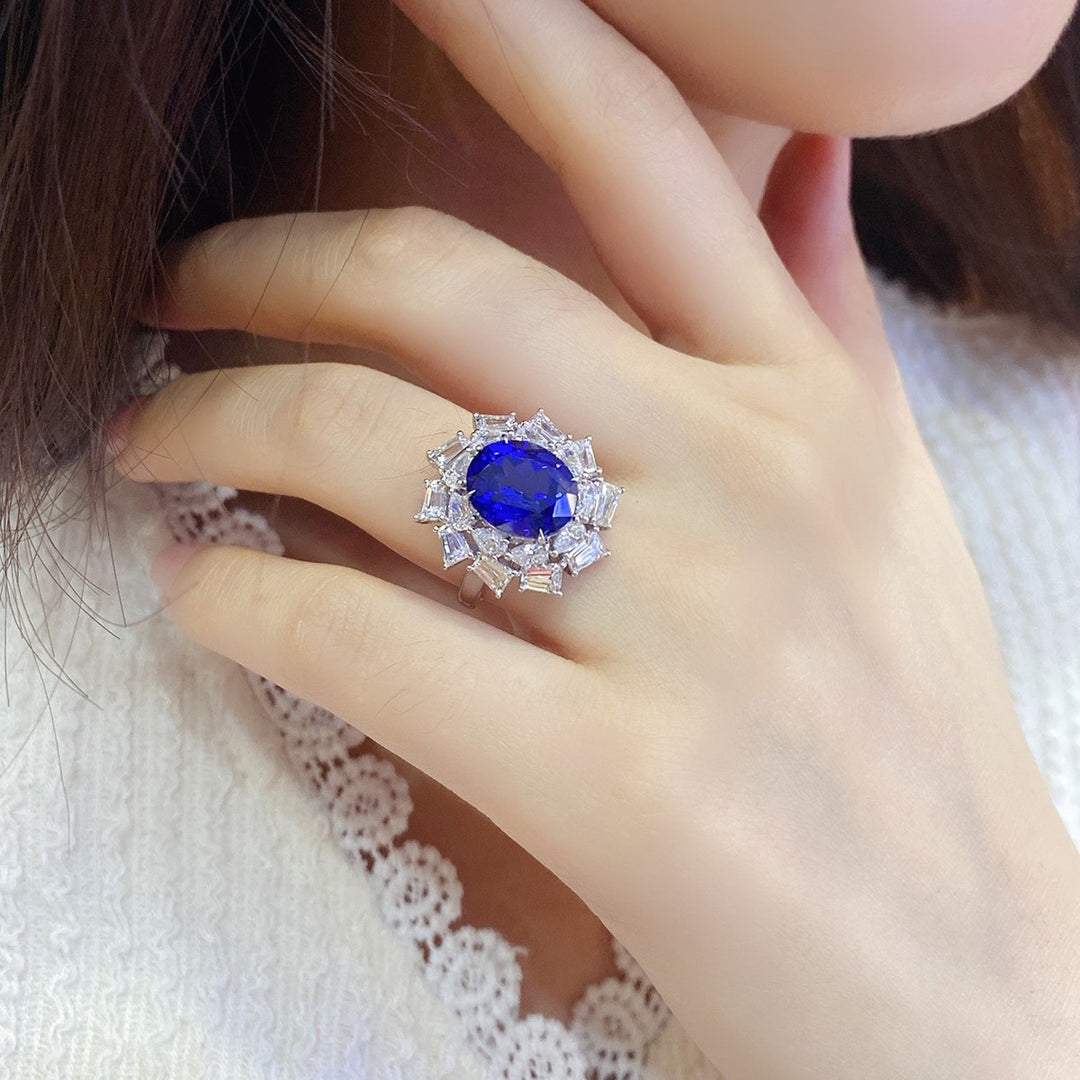 Luxury 5 Ct Oval Lab Blue Sapphire Cluster Engagement Ring