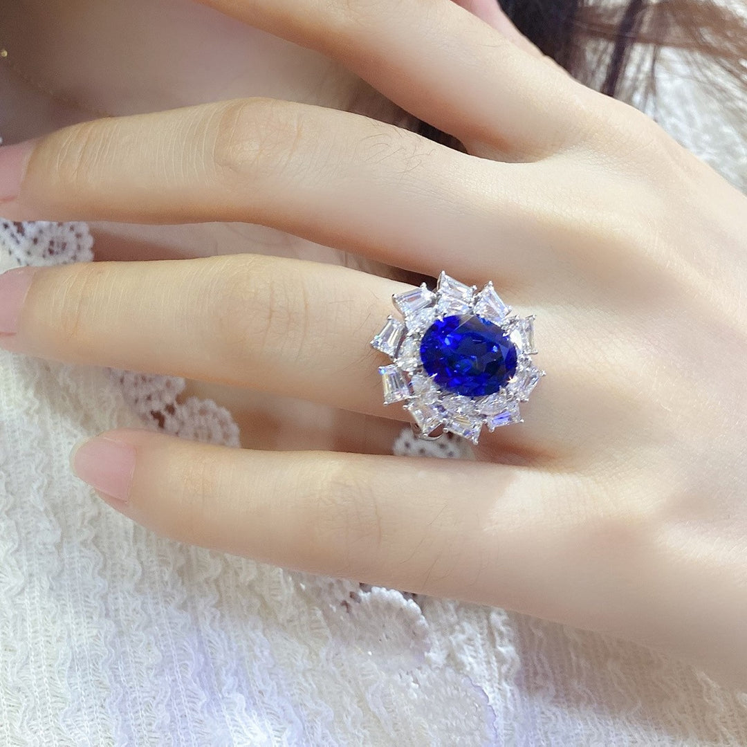 Luxury 5 Ct Oval Lab Blue Sapphire Cluster Engagement Ring