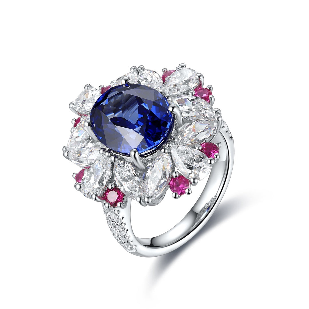 Mixed Color Cluster 5 Ct Oval Cut Lab Blue Sapphire Engagement Ring