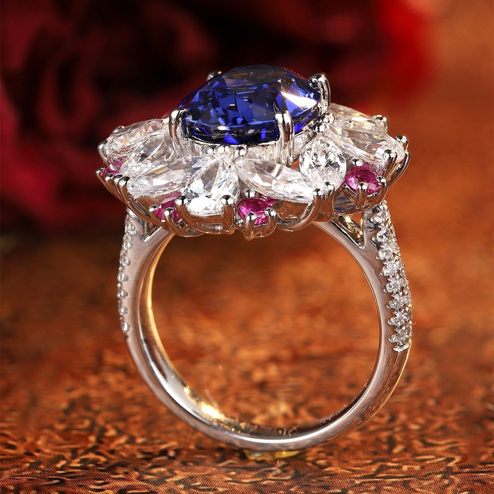 Mixed Color Cluster 5 Ct Oval Cut Lab Blue Sapphire Engagement Ring