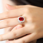 Load image into Gallery viewer, Big Oval Halo 3 Ct Oval Cut Lab Ruby Engagement Ring
