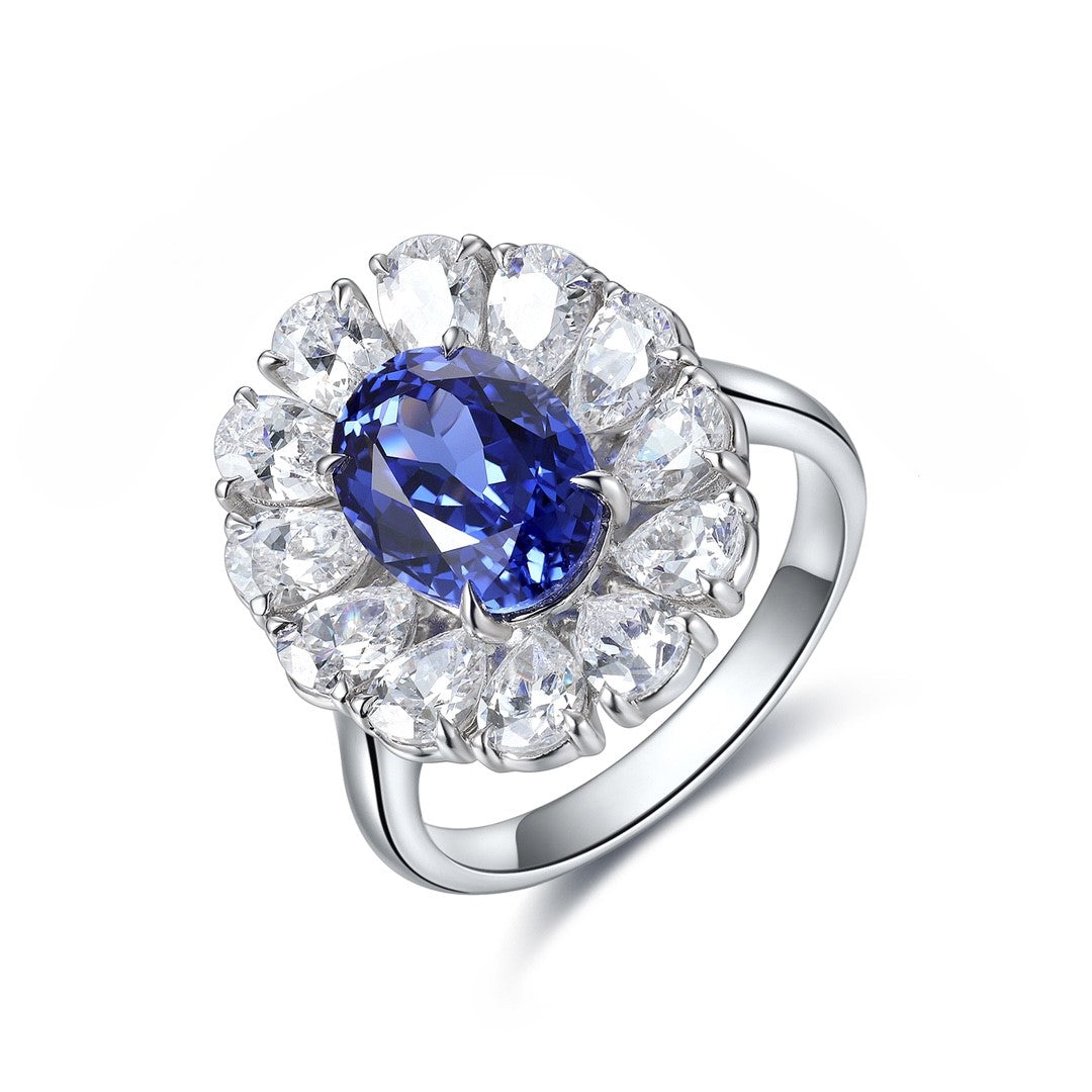 Big Pear Halo 3.5 Ct Oval Cut Lab Blue Sapphire Engagement Ring