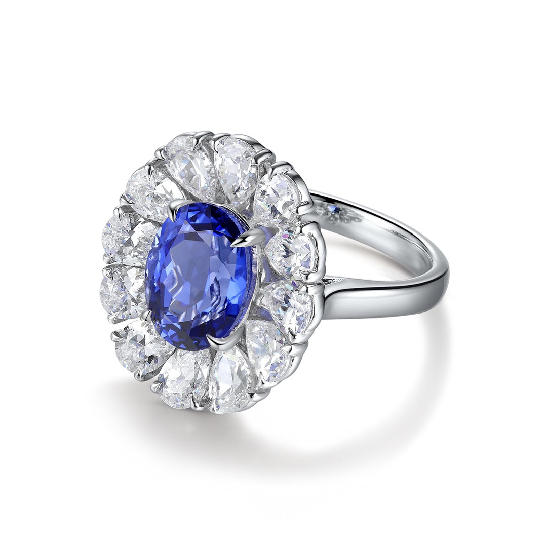 Big Pear Halo 3.5 Ct Oval Cut Lab Blue Sapphire Engagement Ring