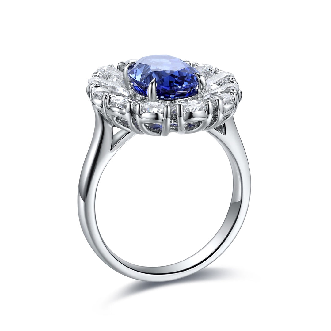 Big Pear Halo 3.5 Ct Oval Cut Lab Blue Sapphire Engagement Ring