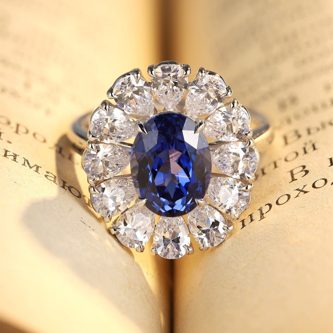 Big Pear Halo 3.5 Ct Oval Cut Lab Blue Sapphire Engagement Ring