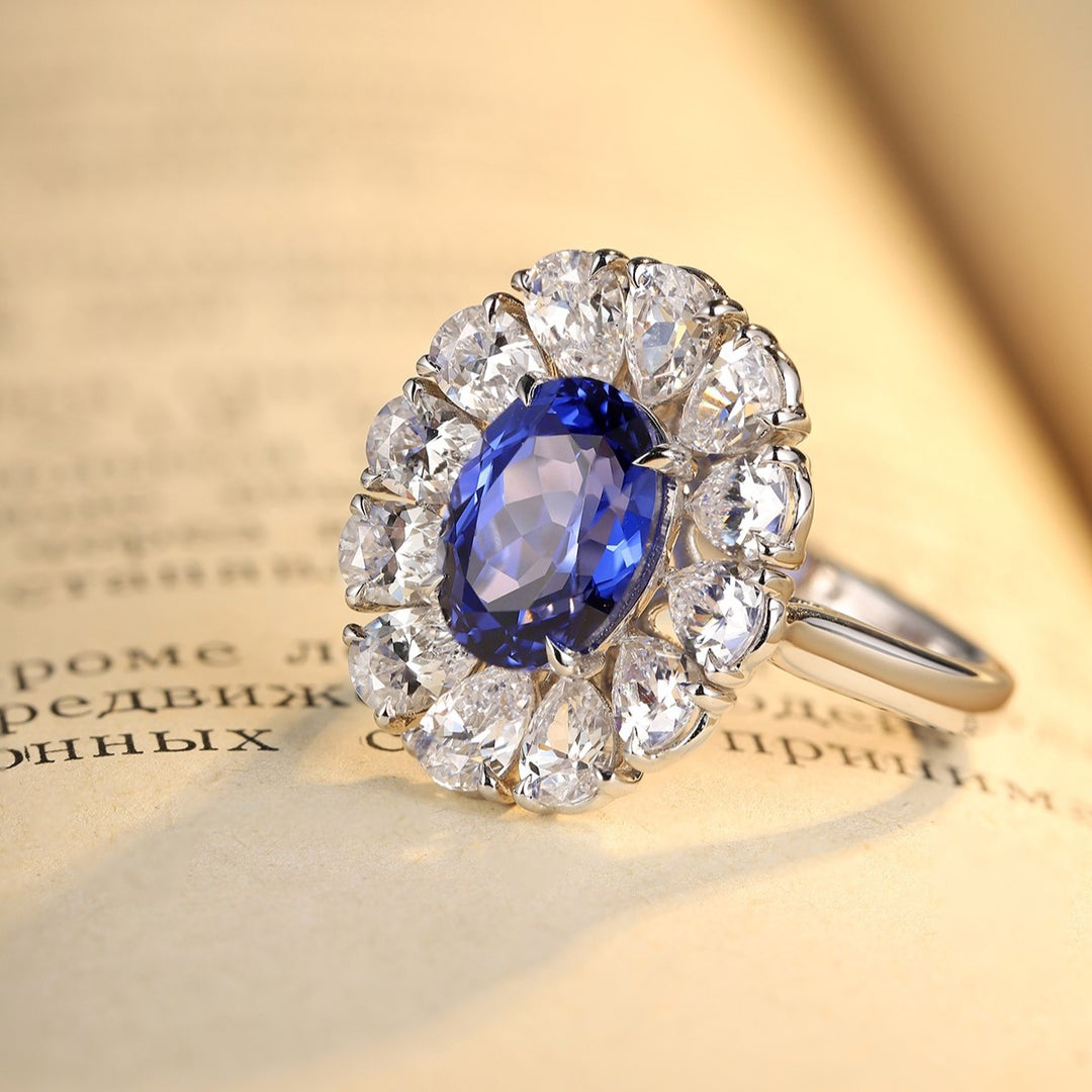 Big Pear Halo 3.5 Ct Oval Cut Lab Blue Sapphire Engagement Ring