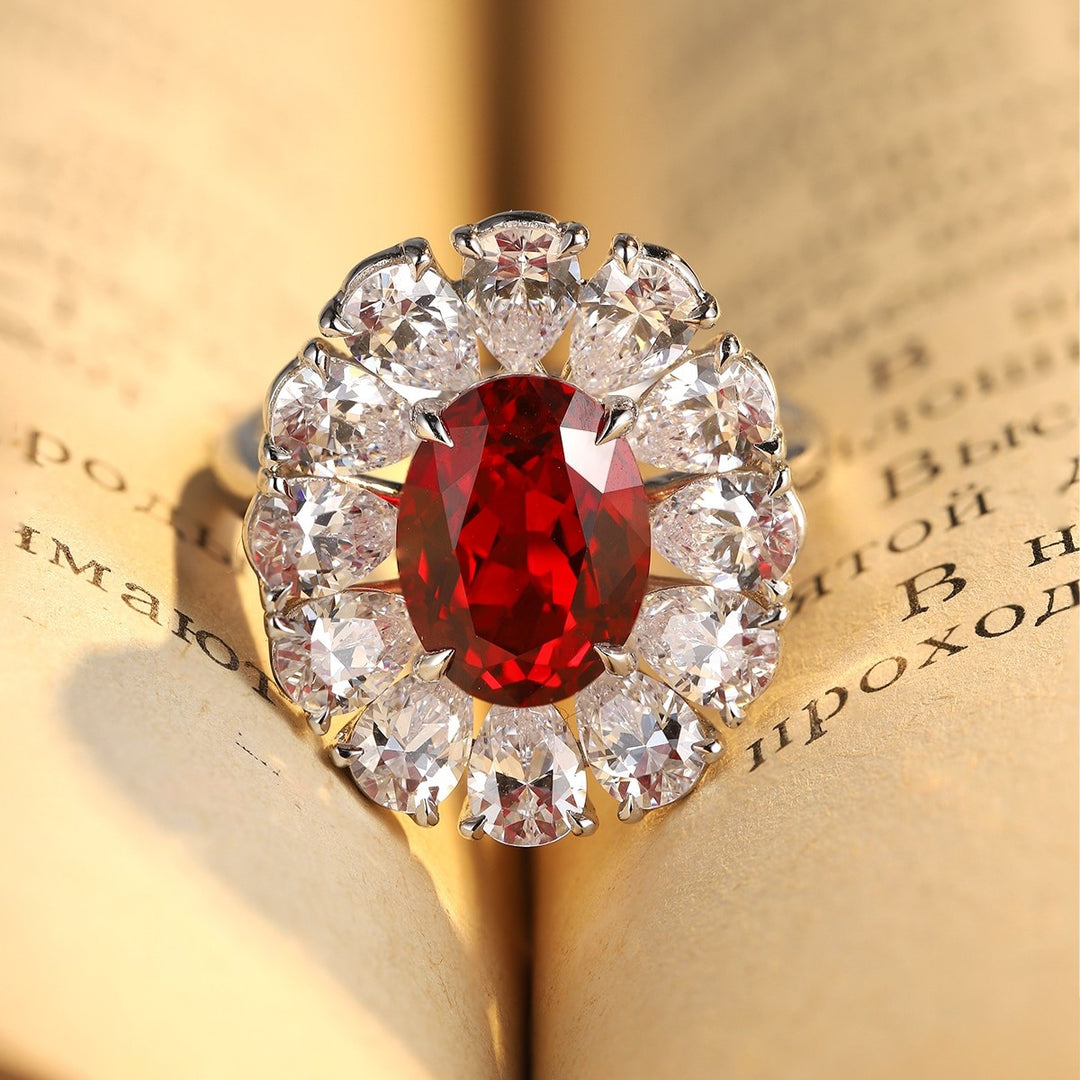 Big Pear Halo 3.5 Ct Oval Cut Lab Ruby Engagement Ring