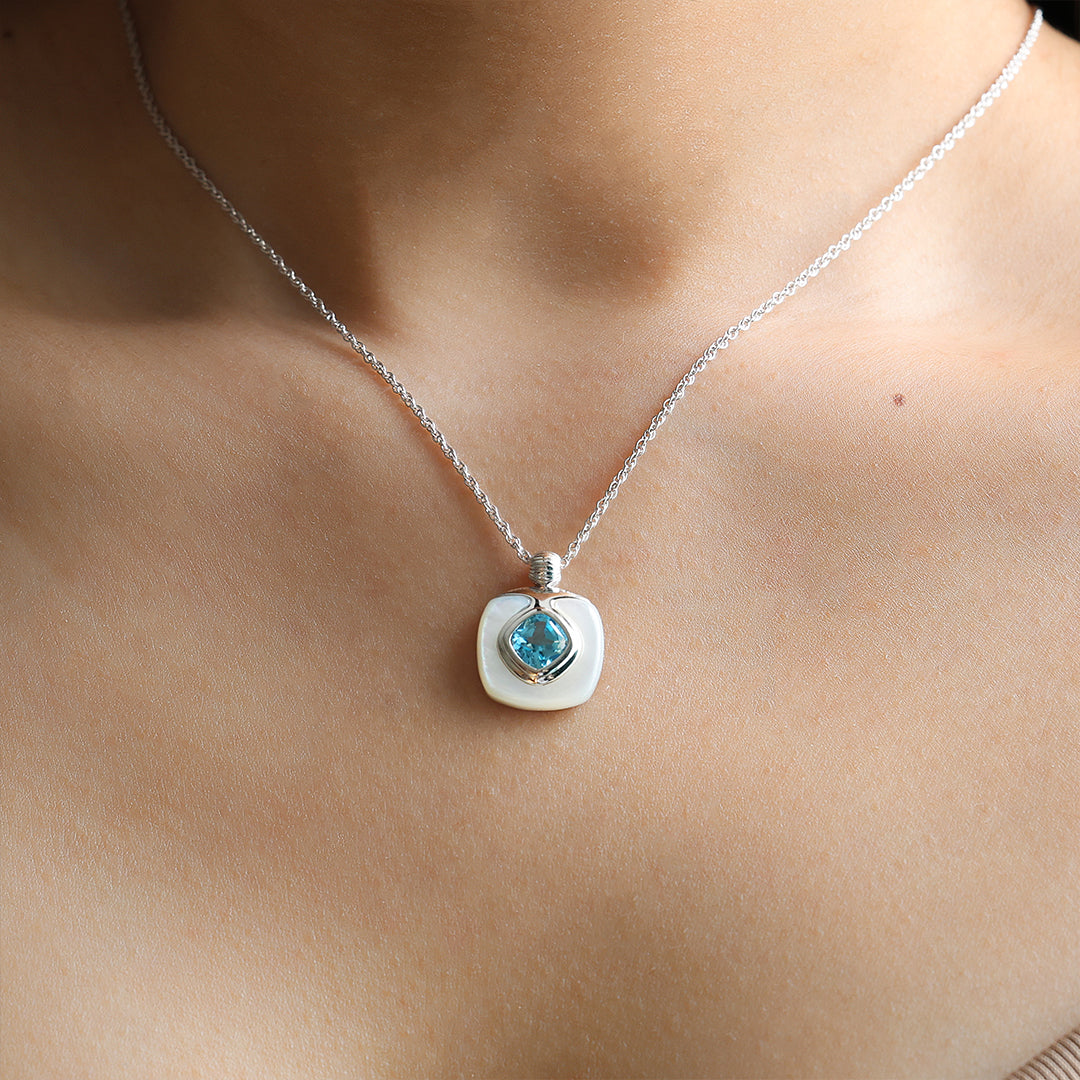 Cushion Blue Topaz & Nacre Pendant Necklace