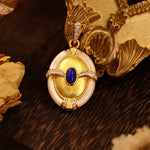 Load image into Gallery viewer, Brushed Gold &amp; Nacre  Filled Oval Lapis Lazuli &amp; CZ Pendant Necklace
