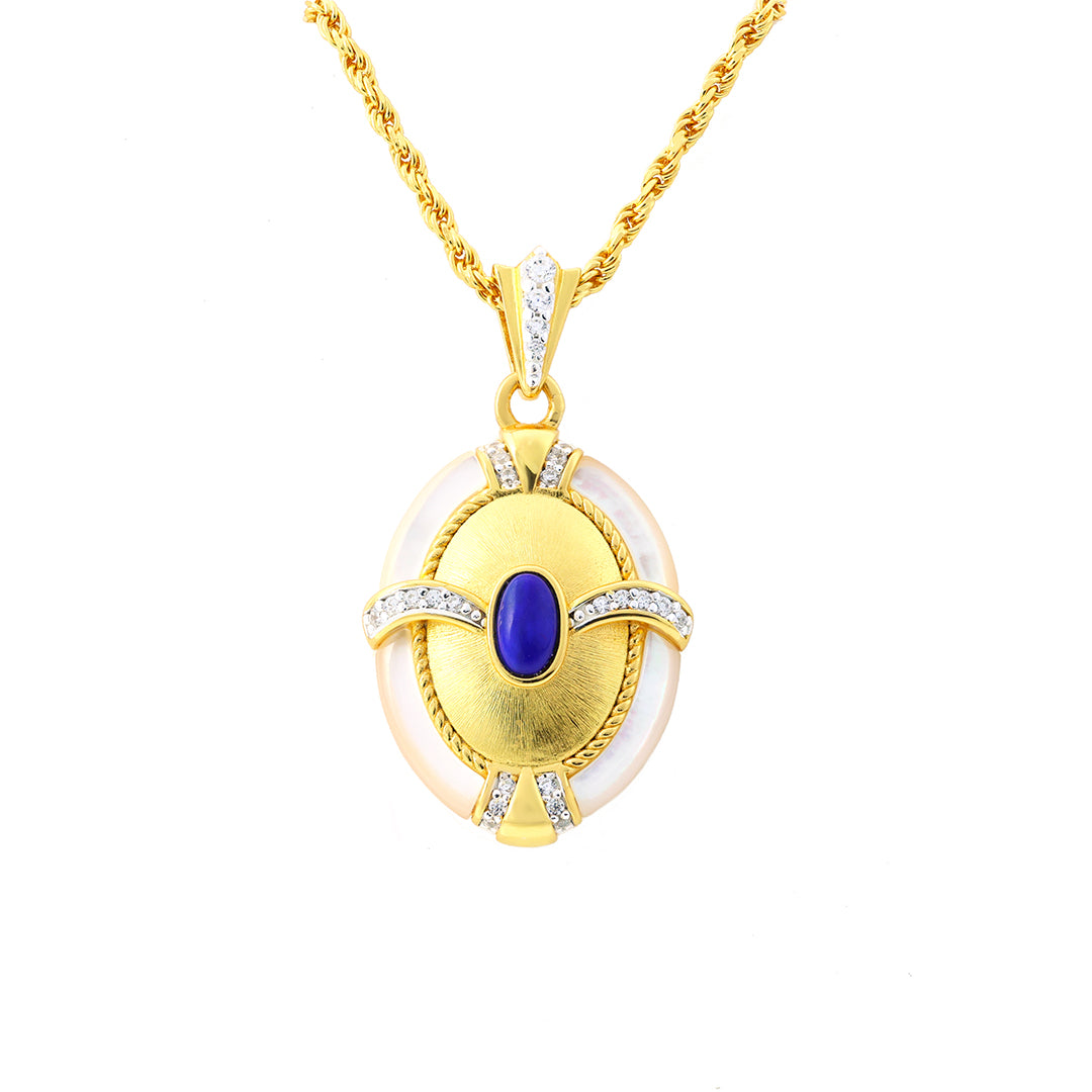 Brushed Gold & Nacre  Filled Oval Lapis Lazuli & CZ Pendant Necklace