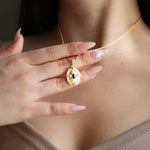 Load image into Gallery viewer, Brushed Gold &amp; Nacre  Filled Oval Lapis Lazuli &amp; CZ Pendant Necklace
