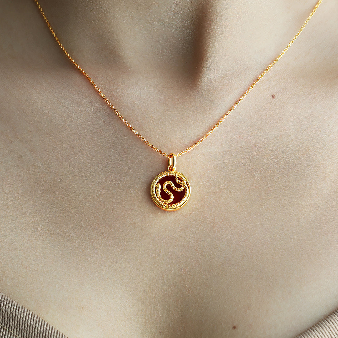 Chinese Zodiac Snake & Red Agate Pendant Necklace