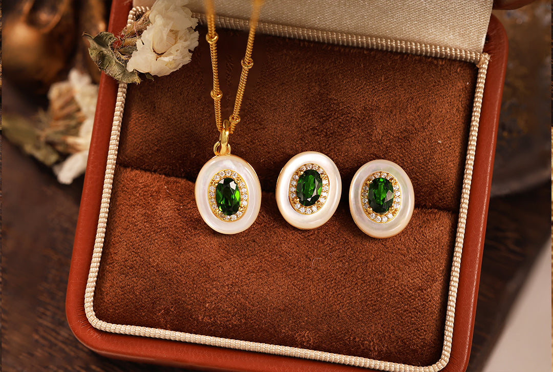 Oval Diopside & Nacre Statement Stud Earrings