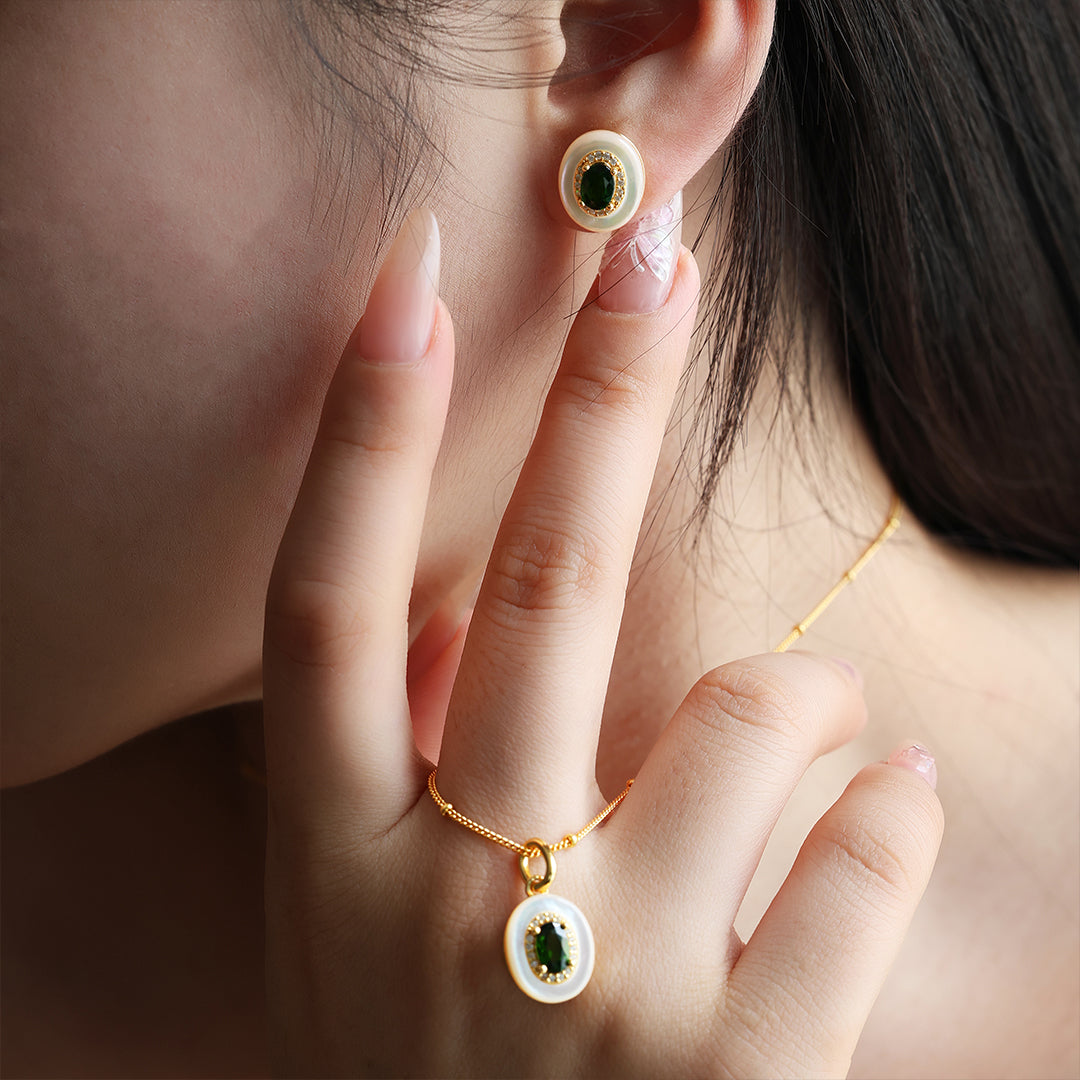 Oval Diopside & Nacre Statement Stud Earrings