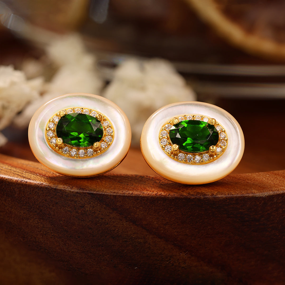 Oval Diopside & Nacre Statement Stud Earrings