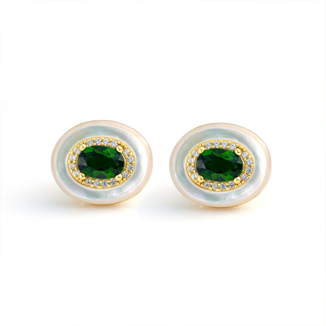 Oval Diopside & Nacre Statement Stud Earrings